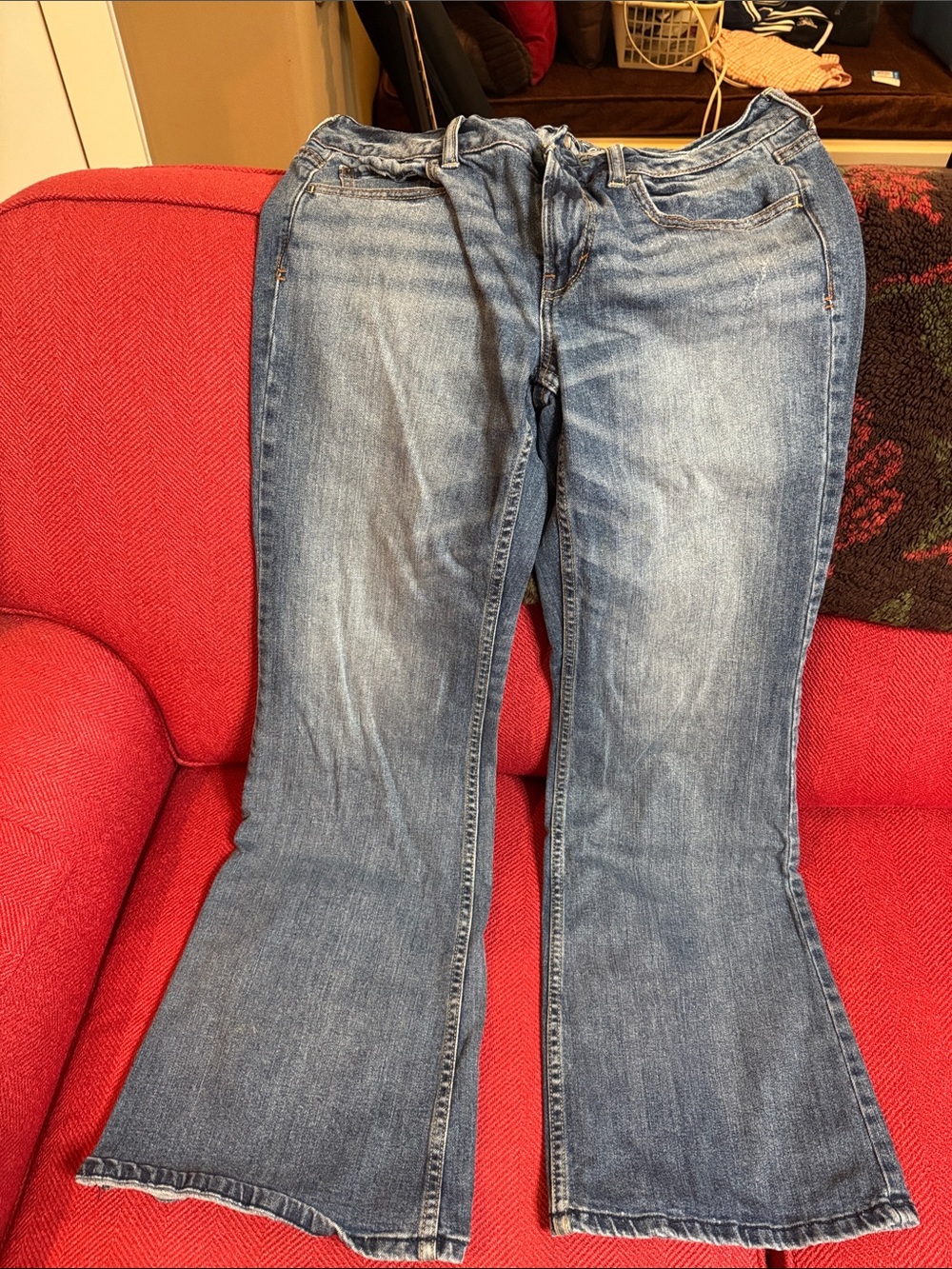 Women's American Eagle Flare Jeans - Casual Blue Wide Leg, “AE Hipster” style.